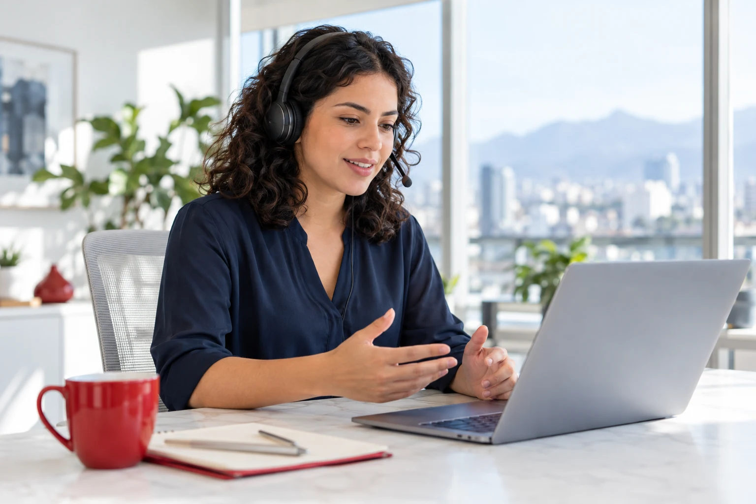 Escena ilustrativa de una profesional practicando una conversación comercial frente a su laptop